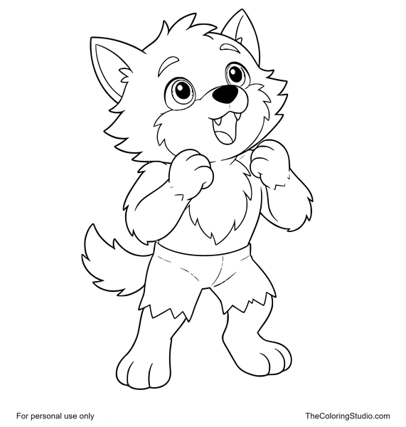 Friendly gray werewolf howling with raised paws and simple dark shorts on a white background.