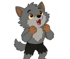 Friendly gray werewolf howling with raised paws and simple dark shorts on a white background.