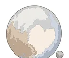 Pluto with broad icy surface patches and a small companion moon on a white background.