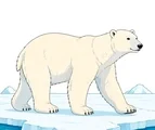 Polar bear walking across an Arctic ice floe with open water and distant rounded ice shapes.