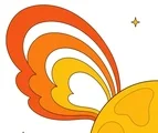 Solar storm with broad curved energy bands sweeping from a partial sun disk and two small twinkles on white.
