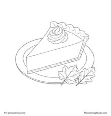 Pumpkin pie slice with a golden crust, whipped cream topping and two autumn leaves on a plate.