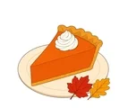 Pumpkin pie slice with a golden crust, whipped cream topping and two autumn leaves on a plate.