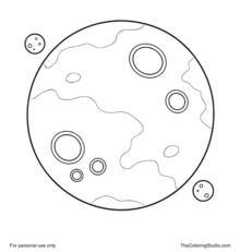 Mars with broad red-orange surface patches and two tiny moons on a white background.