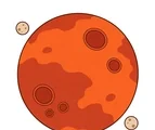 Mars with broad red-orange surface patches and two tiny moons on a white background.