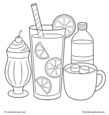 Lemonade, milkshake, hot chocolate, and water bottle arranged together on a white background.