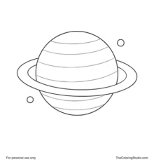 Saturn with one broad ring band, golden surface stripes, and two small moons on a white background.
