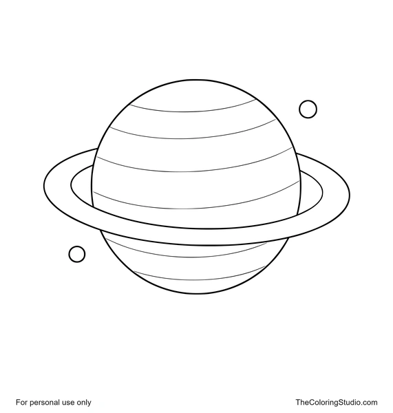 Saturn with one broad ring band, golden surface stripes, and two small moons on a white background.