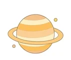 Saturn with one broad ring band, golden surface stripes, and two small moons on a white background.