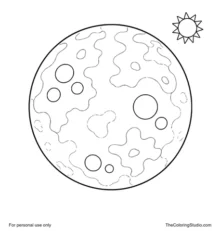 Mercury planet with broad rocky patches, large crater shapes, and a small sun on a white background.