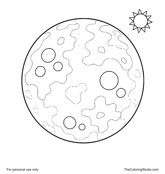 Mercury planet with broad rocky patches, large crater shapes, and a small sun on a white background.
