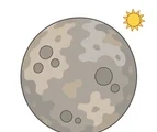 Mercury planet with broad rocky patches, large crater shapes, and a small sun on a white background.