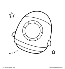 Rounded space capsule pod with a large round window, tiny stars, and a short motion trail on white.