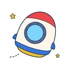 Rounded space capsule pod with a large round window, tiny stars, and a short motion trail on white.