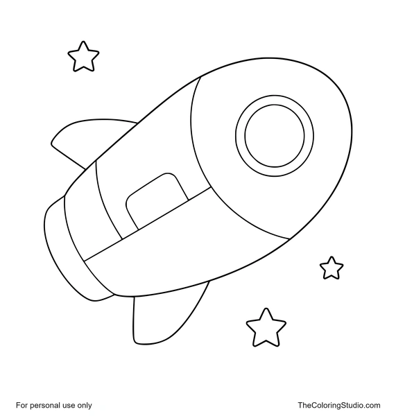 Rounded spaceship flying with small simple stars on a clean white background.