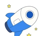 Rounded spaceship flying with small simple stars on a clean white background.