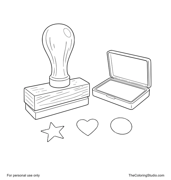 Wooden rubber stamp beside an open teal ink pad with star, heart, and circle prints.