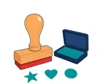 Wooden rubber stamp beside an open teal ink pad with star, heart, and circle prints.