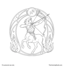 Sagittarius centaur archer drawing a bow inside a circular zodiac frame with flame accents and the sign glyph.