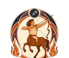 Sagittarius centaur archer drawing a bow inside a circular zodiac frame with flame accents and the sign glyph.