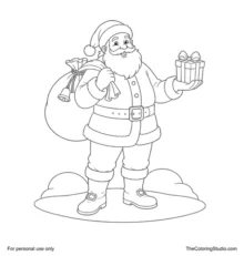 Full-body Santa holding a toy sack and wrapped gift, with a small bell and simple snow beneath his boots.