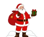 Full-body Santa holding a toy sack and wrapped gift, with a small bell and simple snow beneath his boots.