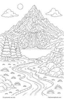 Mountain, waterfall, lake, river, meadow, trees, and rocks arranged as one connected landscape scene.
