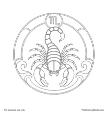 Front-facing Scorpio scorpion with raised pincers and an arched segmented tail inside a circular zodiac frame.