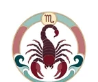 Front-facing Scorpio scorpion with raised pincers and an arched segmented tail inside a circular zodiac frame.