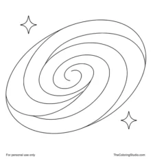 Simple spiral galaxy with broad curved bands and tiny twinkles on a white background.