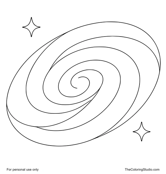 Simple spiral galaxy with broad curved bands and tiny twinkles on a white background.