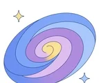 Simple spiral galaxy with broad curved bands and tiny twinkles on a white background.