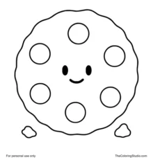 Smiling round cookie with six dark chocolate chips and two crumbs on a white background.