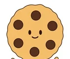 Smiling round cookie with six dark chocolate chips and two crumbs on a white background.