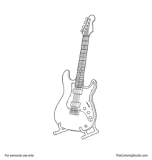 Solid-body electric guitar with six strings, two pickups, three control knobs, bridge, and a low stand.