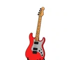 Solid-body electric guitar with six strings, two pickups, three control knobs, bridge, and a low stand.