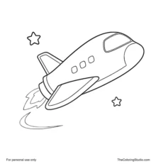 Space shuttle flying upward with simple wings, cockpit window, tiny stars, and a white background.