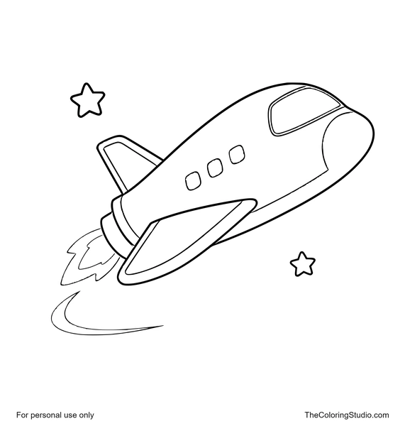 Space shuttle flying upward with simple wings, cockpit window, tiny stars, and a white background.