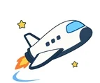 Space shuttle flying upward with simple wings, cockpit window, tiny stars, and a white background.