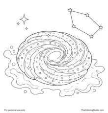 Spiral galaxy with a bright star, simple constellation, and colorful nebula on a white background.