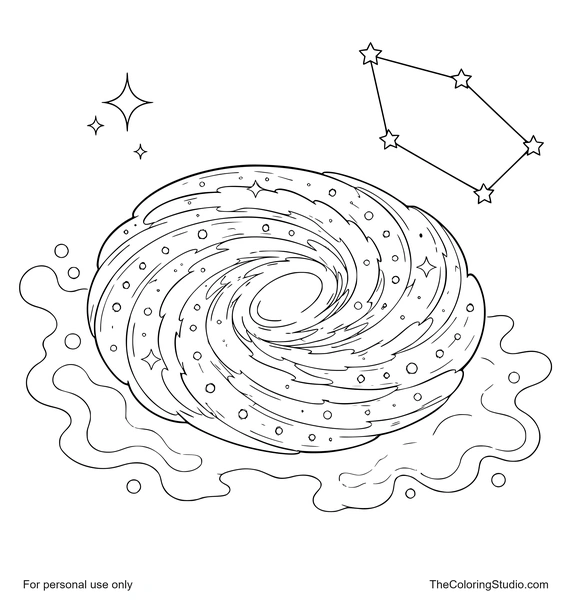 Spiral galaxy with a bright star, simple constellation, and colorful nebula on a white background.