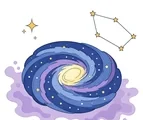 Spiral galaxy with a bright star, simple constellation, and colorful nebula on a white background.