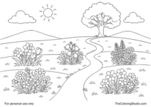 Spring meadow with five wildflower clusters, a curved path, one leafy tree, clouds, and a small sun.