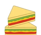 Two triangular sandwich halves stacked with green lettuce, yellow cheese, and red tomato on white.
