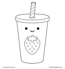 Smiling strawberry smoothie in a tall lidded cup with a striped straw on a white background.