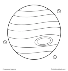 Jupiter with wide striped bands, an oval storm, and three small moons on a white background.