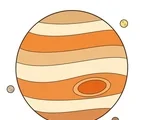 Jupiter with wide striped bands, an oval storm, and three small moons on a white background.