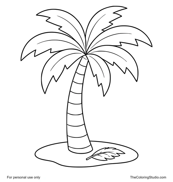 Palm tree with broad green fronds, a curved trunk, and a small fallen leaf on a white background.
