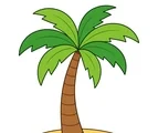 Palm tree with broad green fronds, a curved trunk, and a small fallen leaf on a white background.