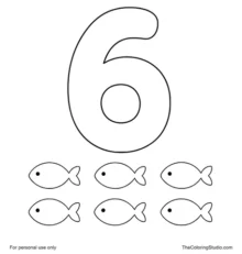 Large yellow number 6 with six small fish grouped below on a white background.